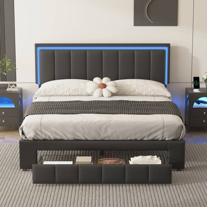 Queen Size Upholstered Platform Bed LED Light Theme Bed, Bed Frame