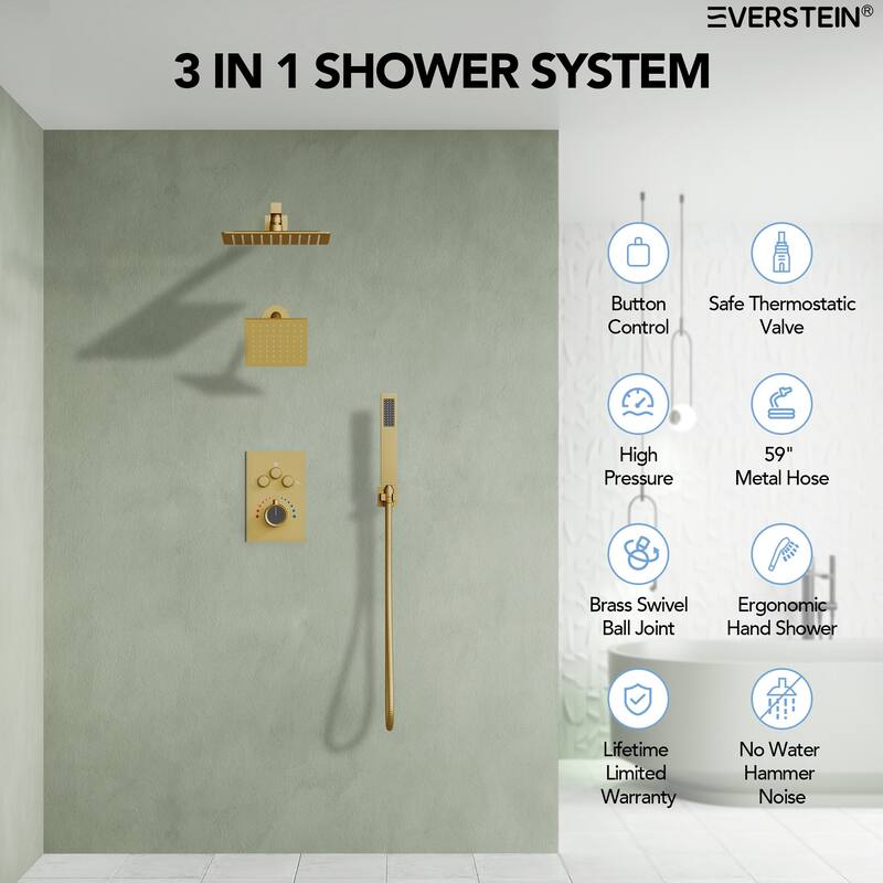 Thermostatic Shower Faucet 12" and 6" High-Pressure Dual Showerheads with Handheld Shower