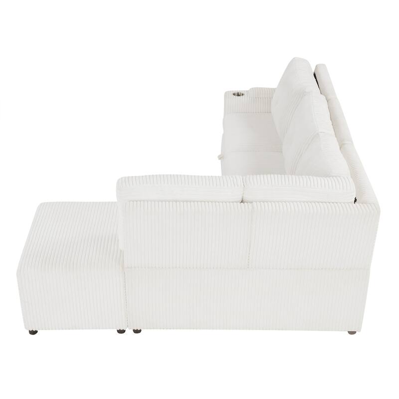 94" Creamy White Corduroy Sectional Pull-out Sofa Bed with Ottoman, Stool, Storage, Cup Holder & USB Ports