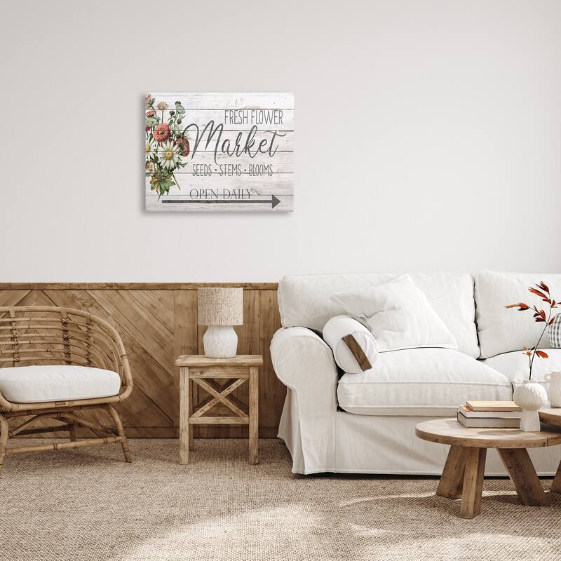 Stupell Farmhouse Planked Look Fresh Flower Market Open Daily Canvas Wall Art, 16 x 20, Proudly Made in USA - Multi-Color