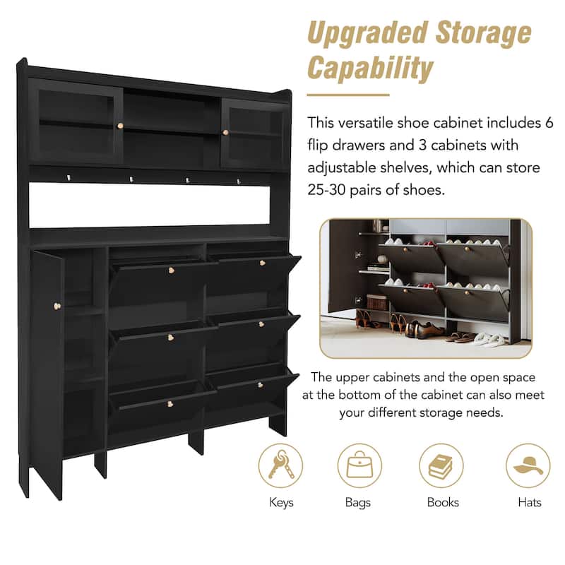 Large Hall Tree Shoe Cabinet with 6 Flip Drawers, Tempered Glass Doors & 4 Hooks, 62.1W Entryway Storage