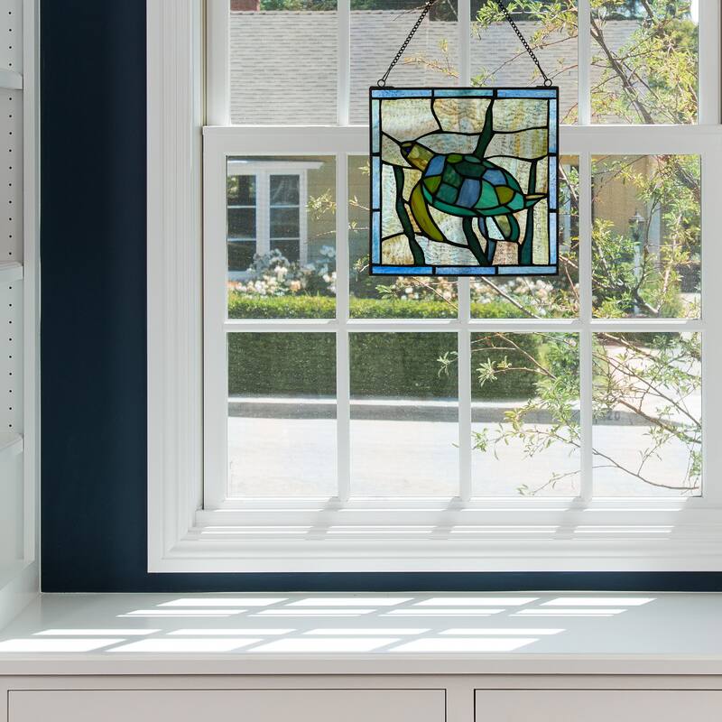 River of Goods Serene Sea Turtle River of Goods Blue, Green and Teal Stained Glass Window Panel - 10" x 0.25" x 10.5"