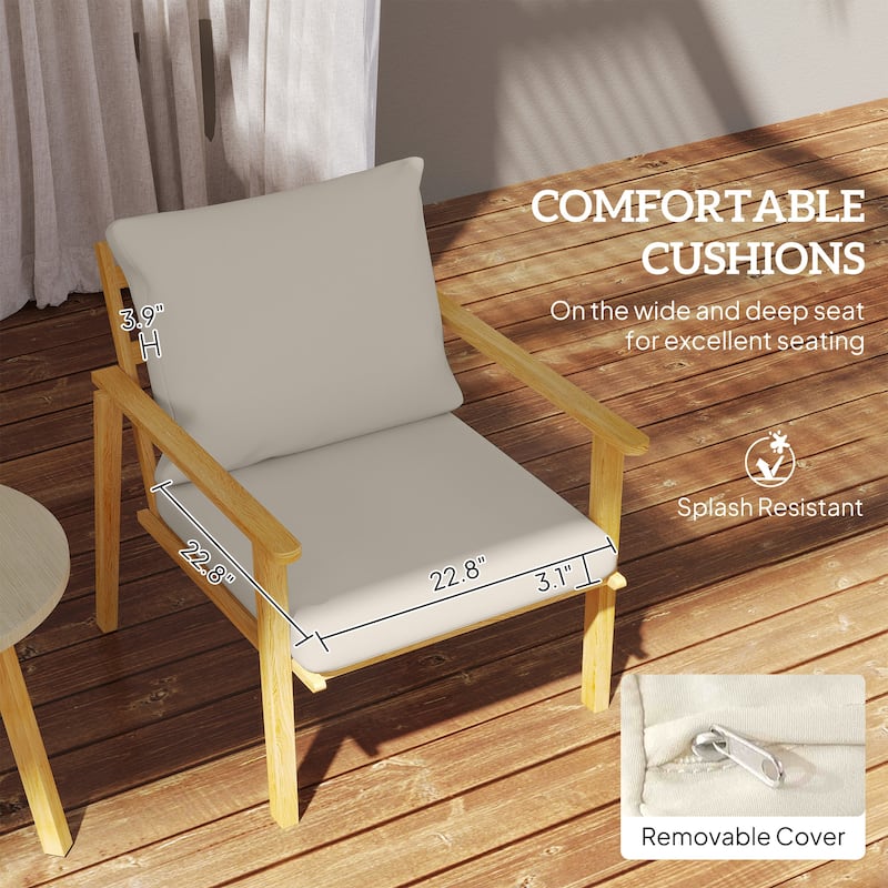 3 Piece Cream White Outdoor Armchair Set with Table and Cushions - 26.8" W x 30.3" D x 30.3" H