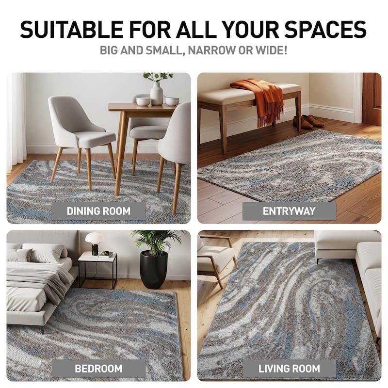 Marble Swirl Shag Rug - Blue - Medium Pile - Great for Living Room, Bedroom, or Entryway