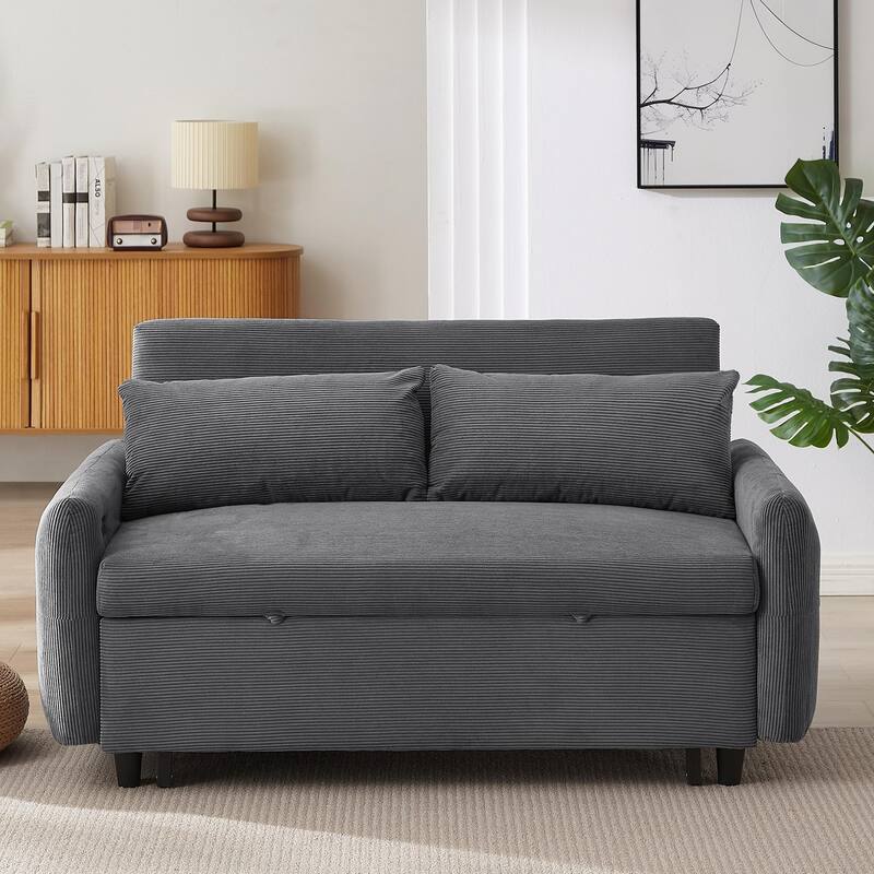 57.48" Corduroy Convertible Sofa Bed with Pull-Out Sleeper, Adjustable Backrest & USB