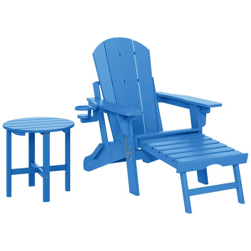 Laguna Outdoor Folding Adjustable Adirondack Chair with Hideaway Ottoman & Round Side Table - Pacific Blue