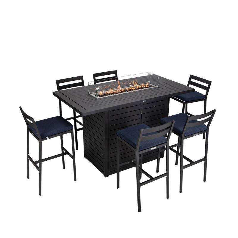 7-Piece Outdoor Patio Bar Height Dining Set in Aluminum with Rectangular Fire Pit Table and 6 Barstool - Blue