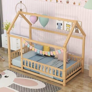 Kids Bed Floor Wooden Bed with House Roof Frame and Fence Guardrails DIY Decor