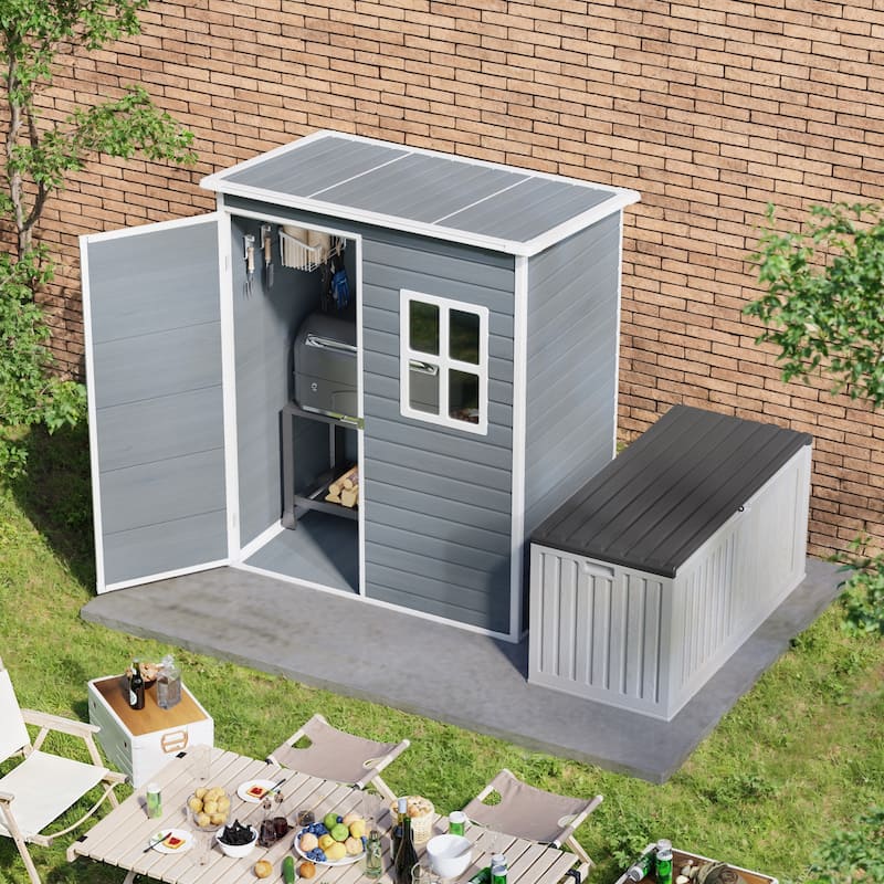 5x3 / 6x4 / 8x6 FT Outdoor Storage Shed with Floor, Resin Garden Tool Shed with Lockable Doors, Waterproof Plastic Storage Sheds