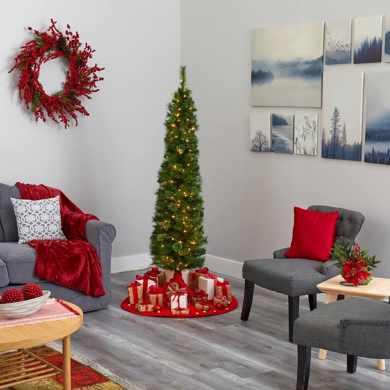 6Ft Pencil Christmas Tree with Lights - Slim Artificial Holiday Tree, Green, 150 LED Lights, Bendable Branches - Green - 72