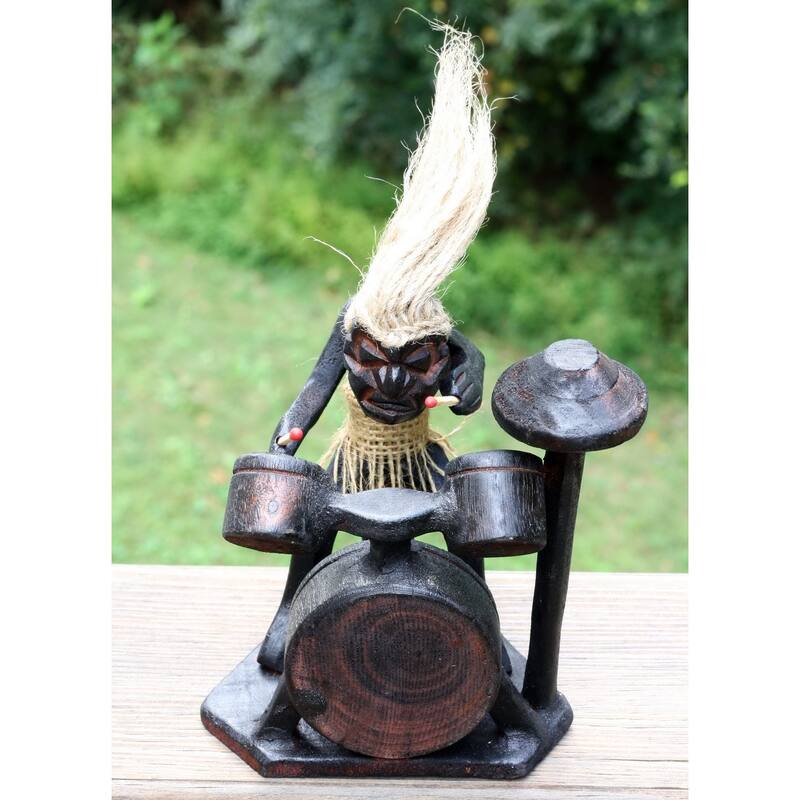 Primitive Tribal Statue with Drum Kit Tiki Bar Drummer Band Unique Gift - 6" tall x 5" wide x 5" deep