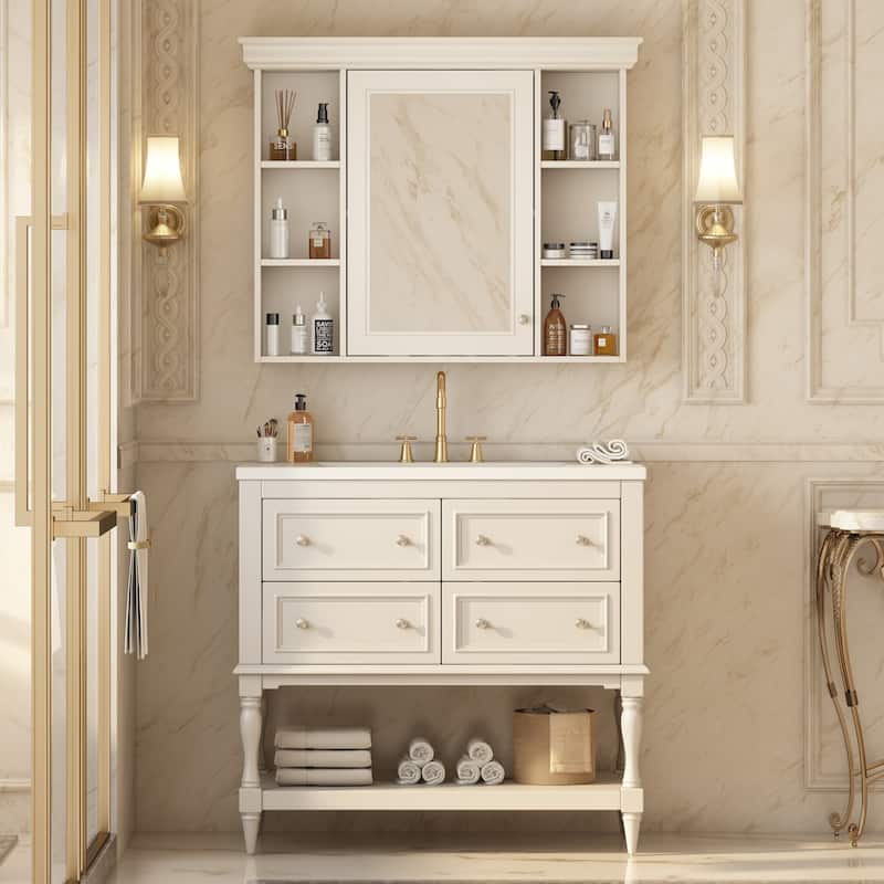 Modern Bathroom Vanity Set with Adjustable Shelf, 4 Drawers & Medicine Cabinet - Beige