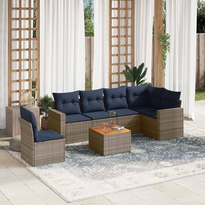 vidaXL Patio Sofa Set with Cushions Outdoor Furniture 7 Piece Poly Rattan - 25.8x 24.4x 27.2 - Grey-Table+corner+3x middle