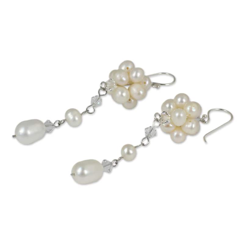 NOVICA Offer of Grace White Freshwater Pearls with Crystal Accents on 925 Sterling Silver Hooks Womens Long Dangle Earrings