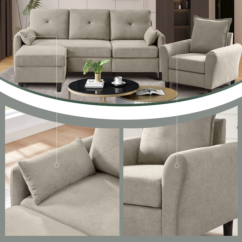 3-Pieces Sectional Sofa Set with Ottoman and Chair
