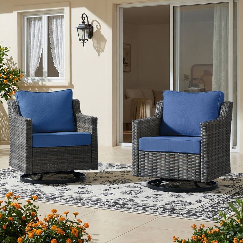Meyreso Gray Wicker Outdoor Swivel Glider Chairs with 4-Inch Thick Cushions (2-Pack)