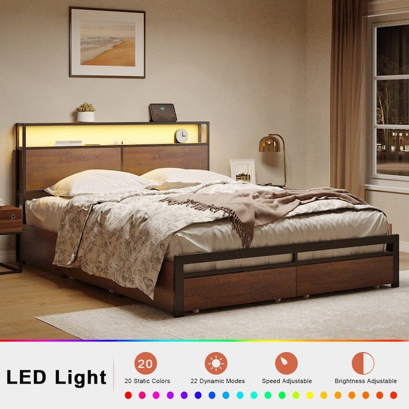 Modern Platform Bed Frame with LED Lights Storage Headboard Drawers USB and AC Outlets Wood Grain Finish