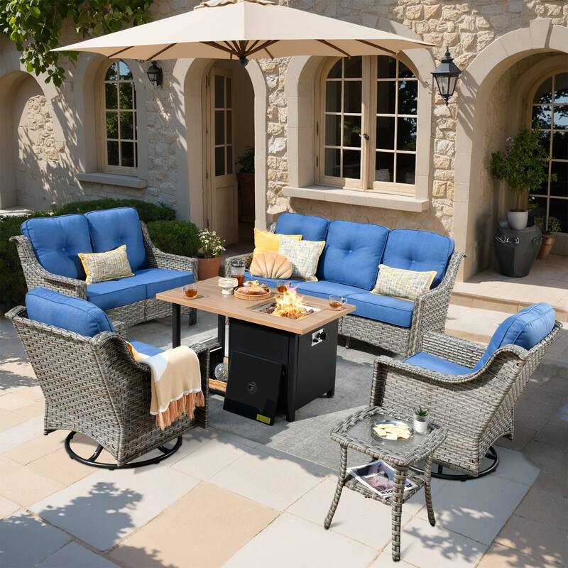 XIZZI 6-piece Outdoor High-back Furniture Swivel Chair Set with Fire Pit - Diamond Blue