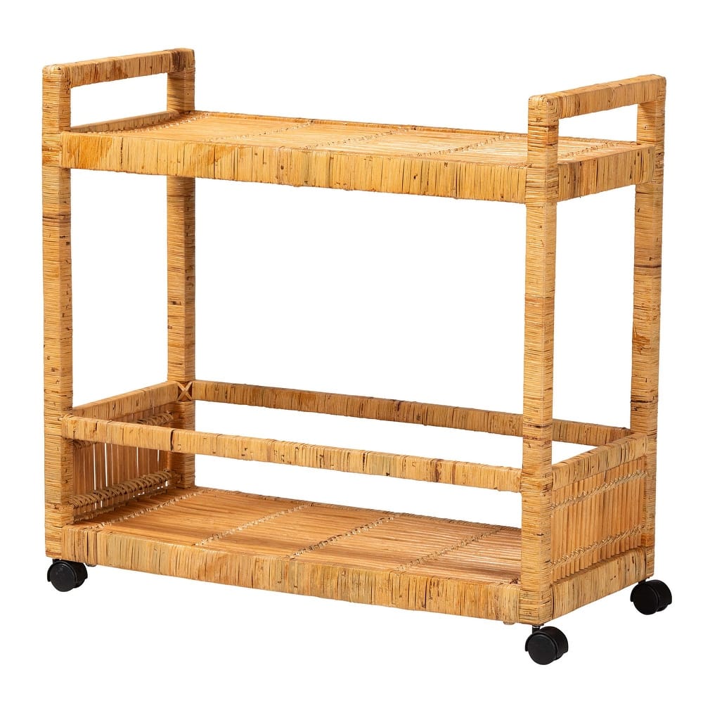 Genet Modern Bohemian Natural Brown Rattan and Teak Wood 2-Tier Kitchen Cart