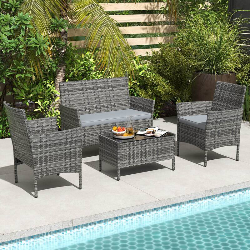 Costway 4 PCS Patio Furniture Set with Washable Cushions and Tempered - 4 PCS - Grey - 4 PCS