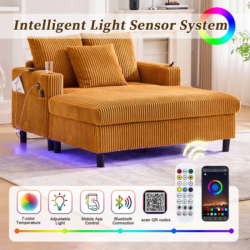GDFStudio - Corduroy Recliner Sofa with USB Charging, RGB LED Light Strip - Suitable for Living Room and Bedroom