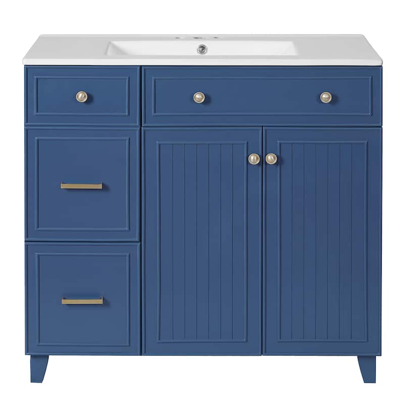 36" Bathroom Vanity with Ceramic Sink, Standard and Double-Layer Drawers, Soft Close Doors, Adjustable Shelves