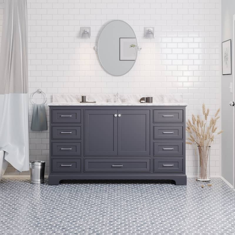 KitchenBathCollection Harper 60" Single Bathroom Vanity with Carrara Marble Top - Marine Gray