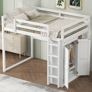 Wood Full Size Loft Bed with Built-In Wardrobe and 4-Layer Storage ...