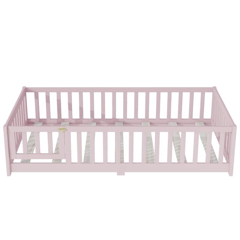 Twin Size Rubber Wood Floor Panel Bed with Safety Fence and Door