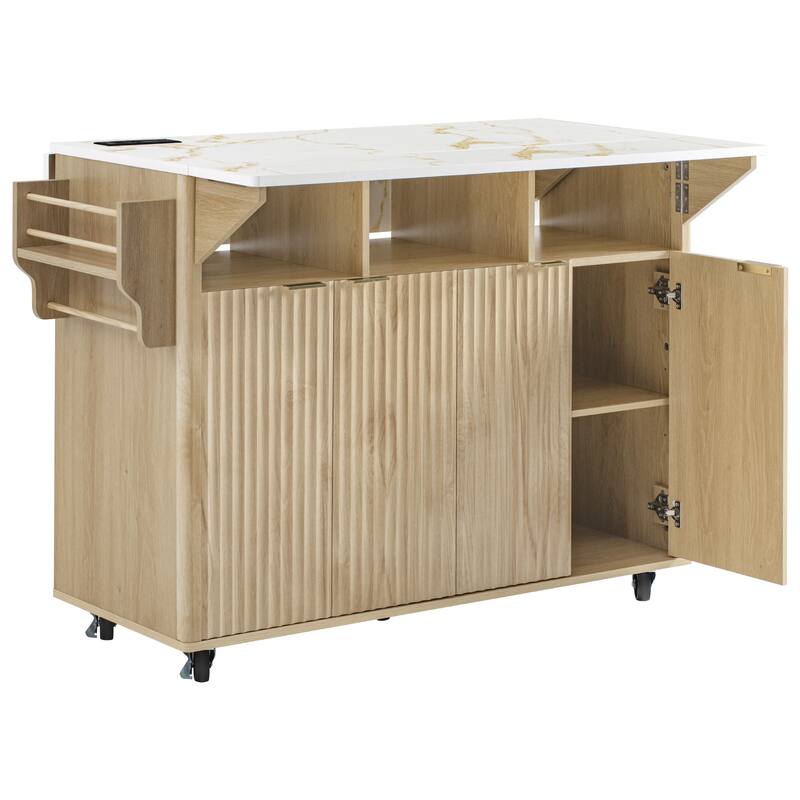 55.5" Fluted Kitchen Island with 2 Drop Leaf and Power Outlet