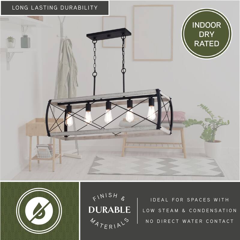 Montclare 5L Black and White Ash Wood Farmhouse Cage Linear Chandelier Island Pendant Light Fixture