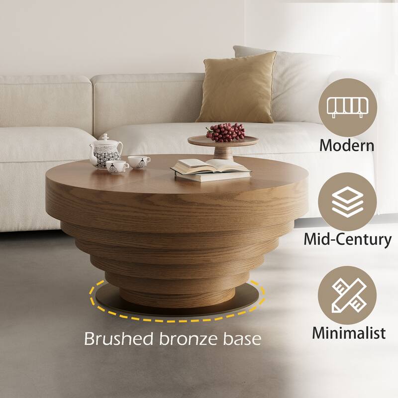 35.43" Mid Century Round Coffee Table, Brown Solid Wood Veneer,Not Assembled Need