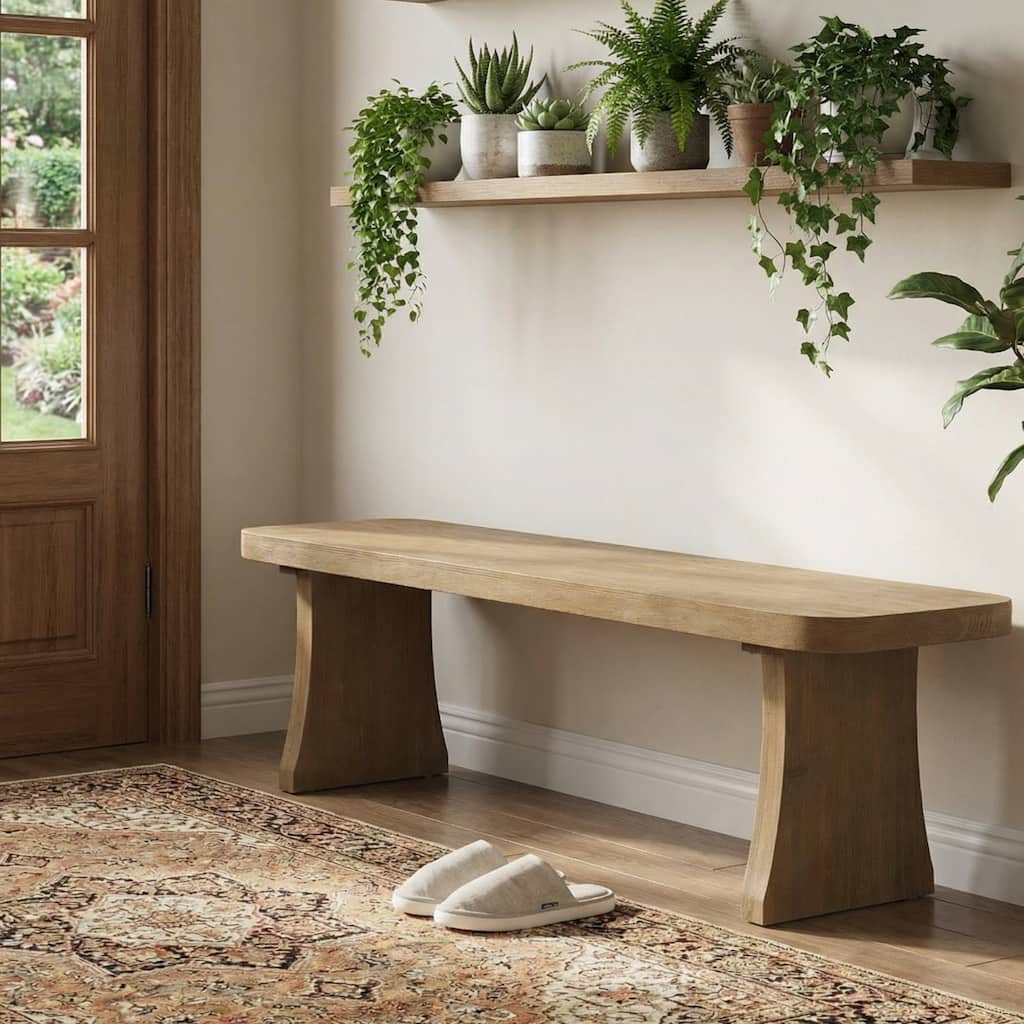 Roomfitters 62.9'' Dining Bench, Modern Farmhouse Solid Pine Wood Seating with Curved Legs for Entryway, Natural Oak