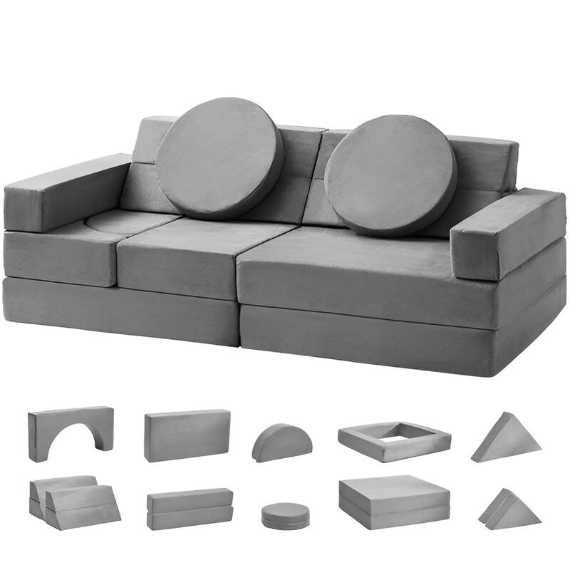 Pure Grey Velvet Modular Kids Sofa with Safe Zippers and 30 Combos - 53.1“L x 26.4” W x 18.5” H