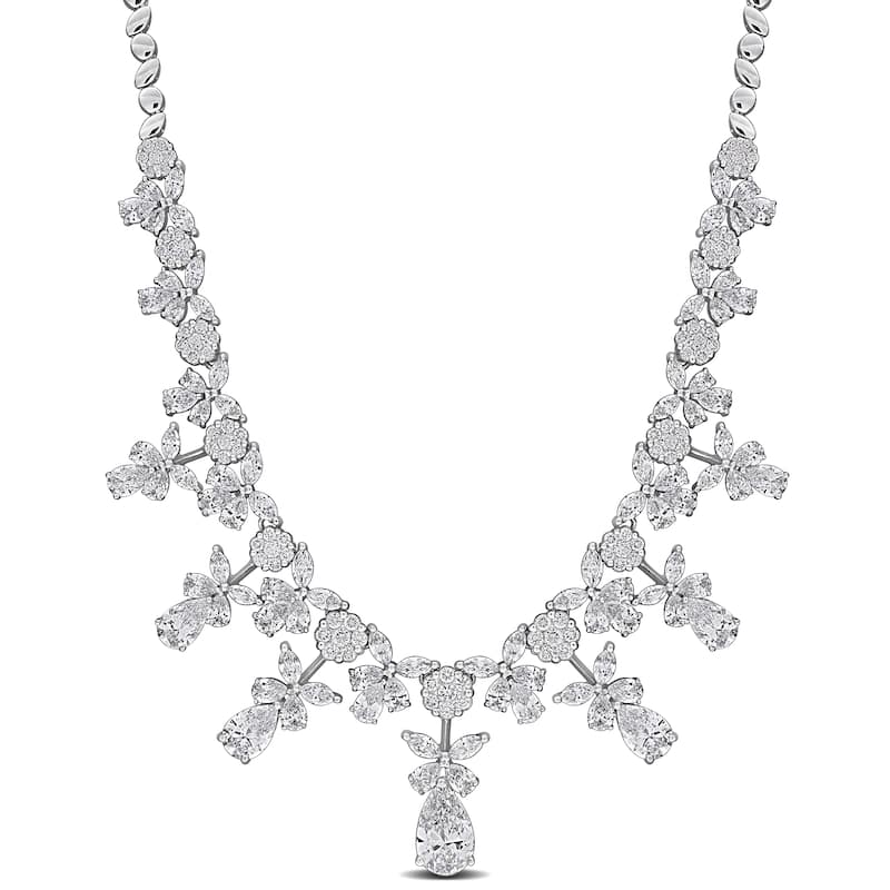 Miadora 15 1/4ct Multi-Shaped Lab-Grown Diamond Graduated Bib-Style Floral Necklace 14k White Gold