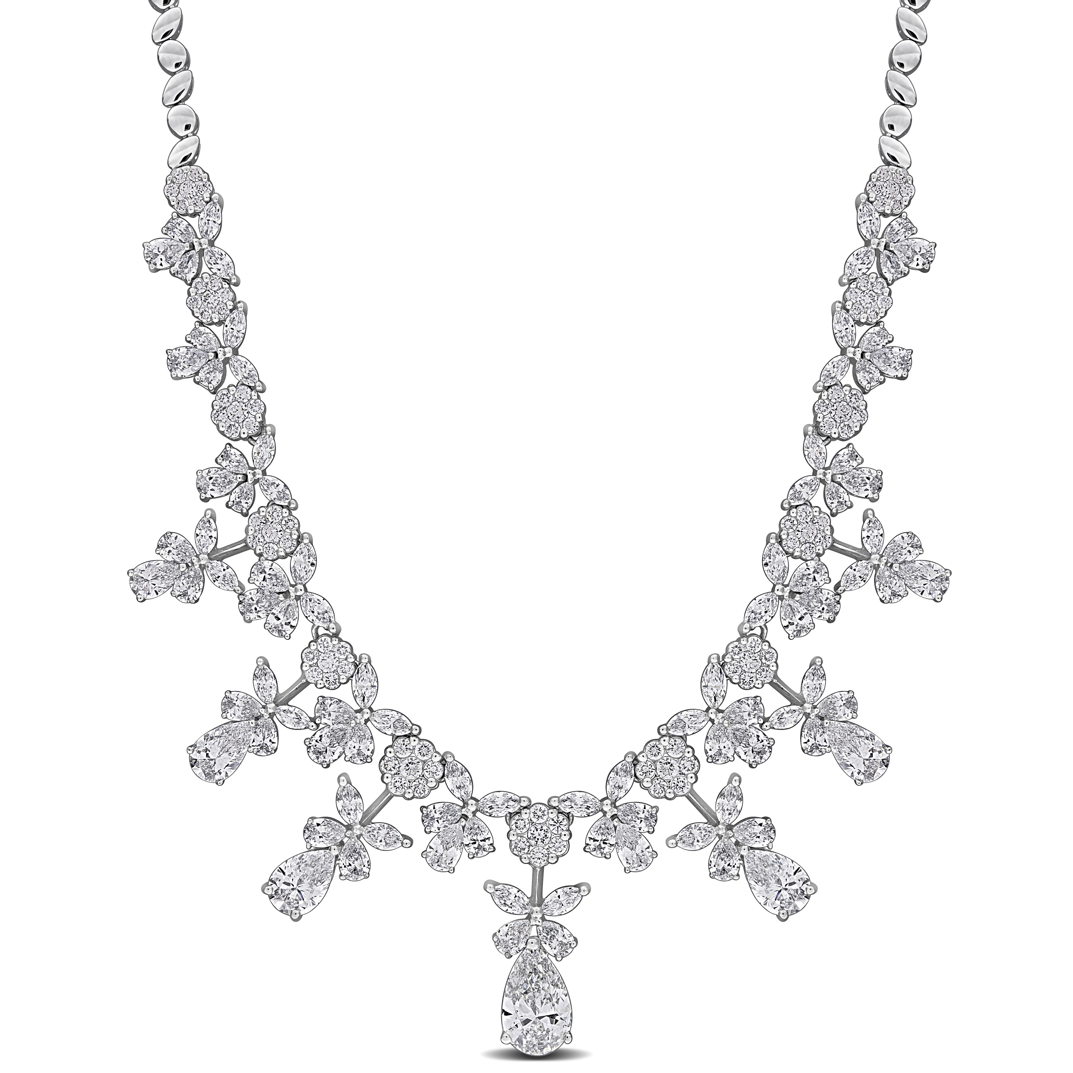 Miadora 15 1/4ct Multi-Shaped Lab-Grown Diamond Graduated Bib-Style Floral Necklace 14k White Gold