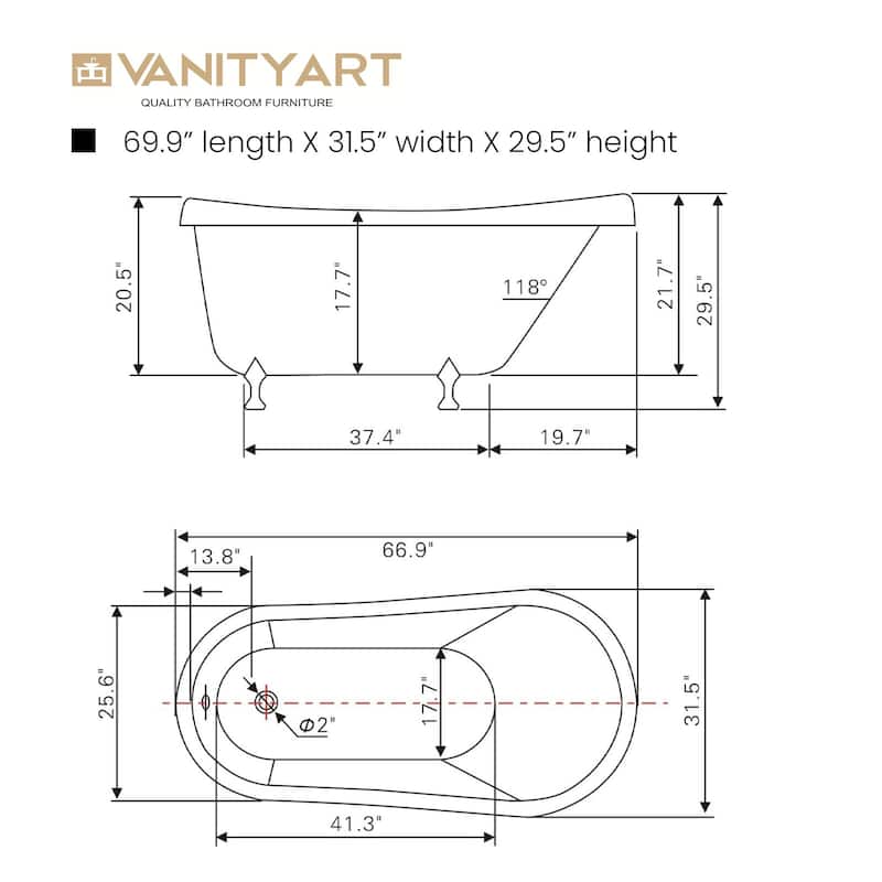 Vanity Art 66.9 Inch Freestanding Red Acrylic Bathtub Modern Stand Alone Soaking Tub with Antique Gold & Pop-up Drain