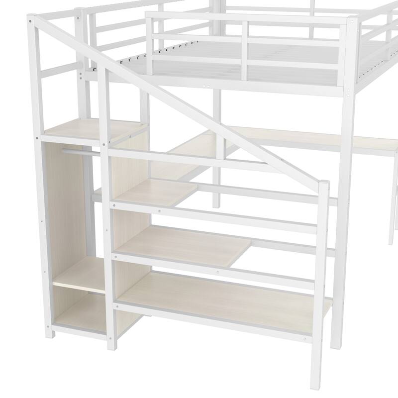 Queen Size Metal Loft Bed with Wardrobe,L-shaped Desk and USB