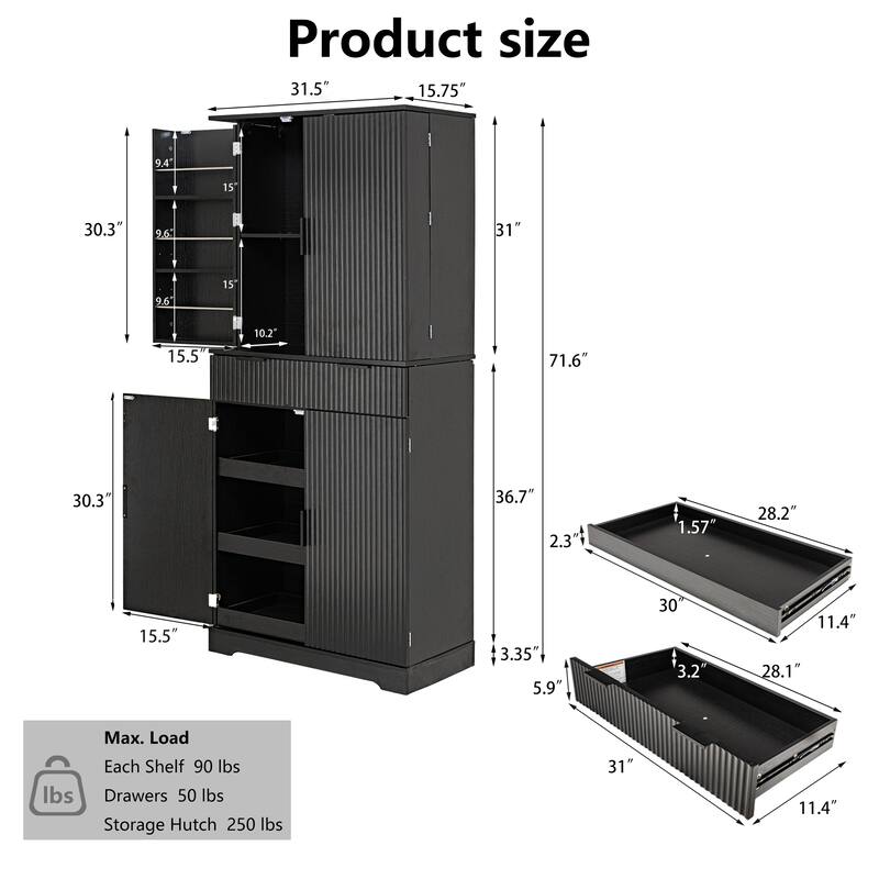 Modern Kitchen Storage Cabinet with 3 Keyboard Drawers & 6 Adjustable Shelves - 72" Tall Freestanding Cupboard for Bathroom
