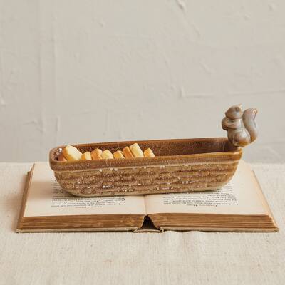 Stoneware Dish with Debossed Pattern and Squirrel Holding Acorn
