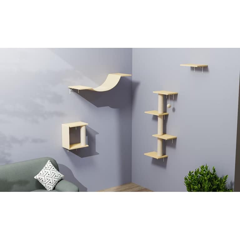 4pcs Modern Wall-Mounted Cat Furniture - Natural Wood