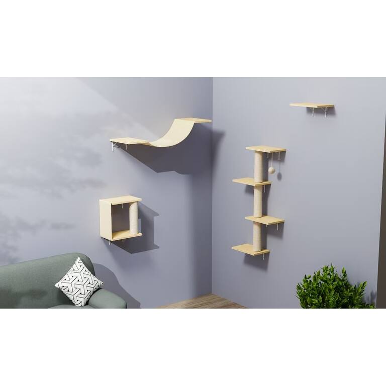 Wall Mounted Cat Furniture Set of 4 with Scratching Post and Plush Bed