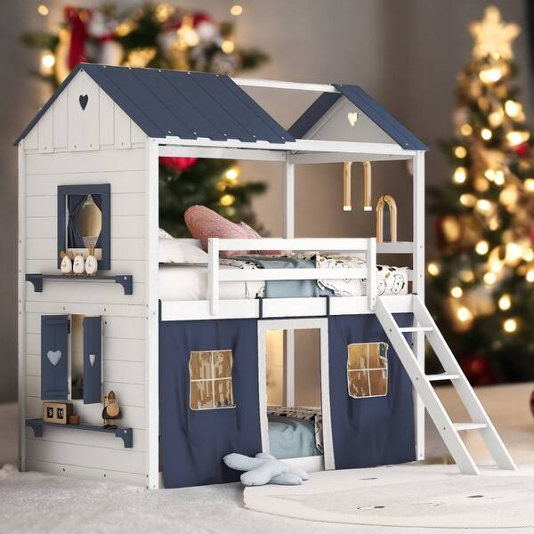 slide 2 of 34, Playhouse Design Impression & Beautiful Twin Size Bunk Wood House Bed with Elegant Windows,Sills and Tent,Elegant Children Bed