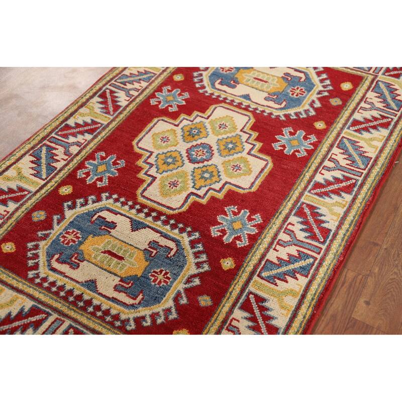 Geometric Kazak Foyer Rug Handmade Red Wool Carpet - 2'7" x 4'3"
