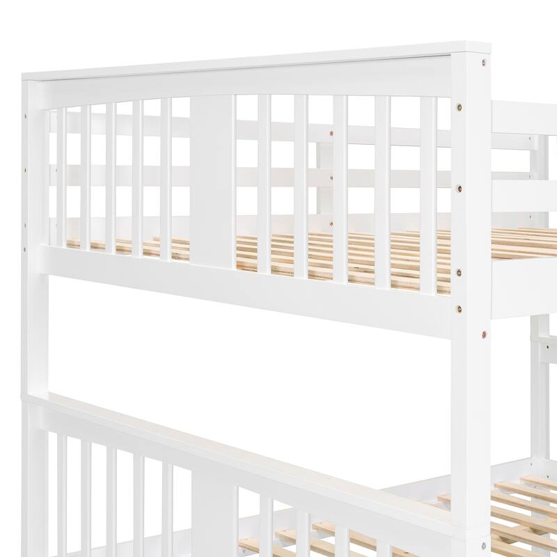 Full over Full Bunk Bed with Twin Trundle and Ladder, White Finish, Space-Saving Design