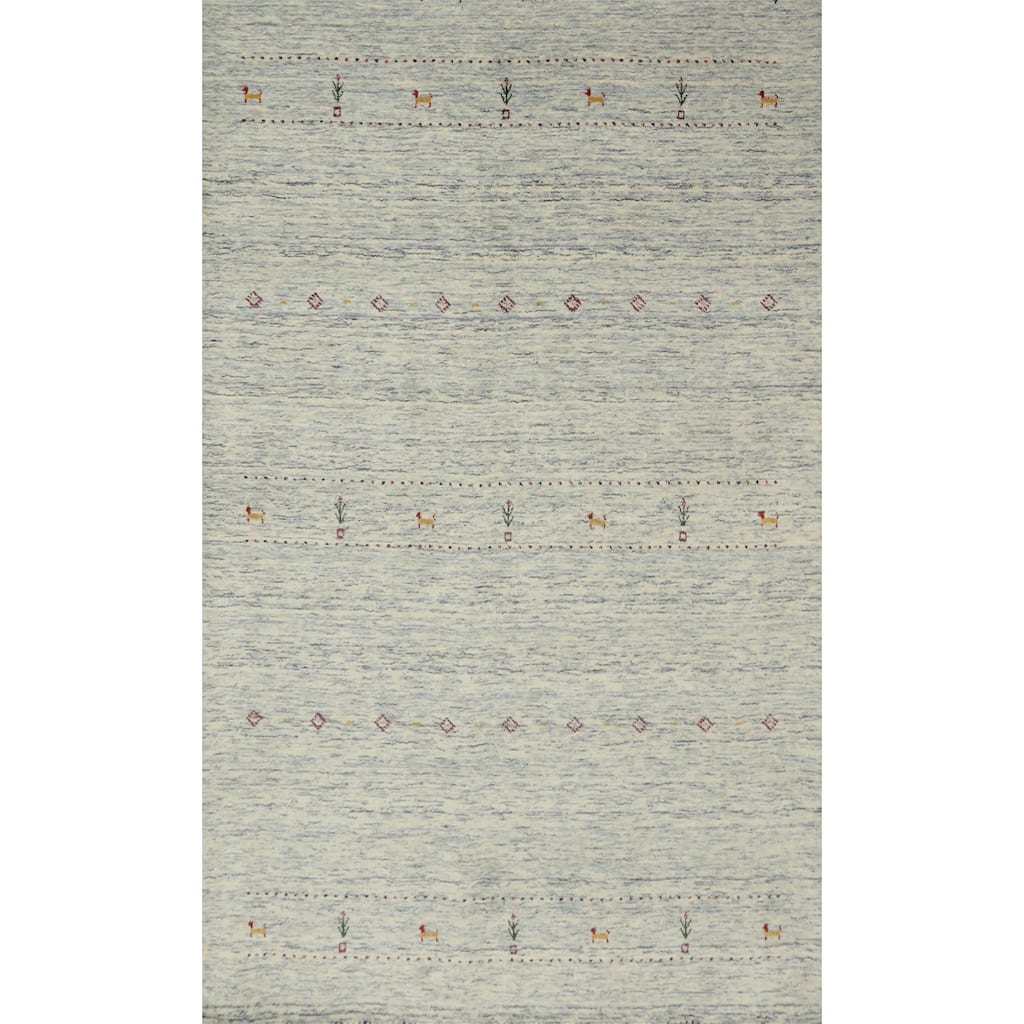Hand Knotted Oriental 100% Wool Carpet Tribal Animal Pictorial Beige & Ivories Gabbeh Area Rug - 7' 8'' X 5' 1''