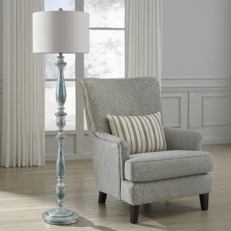 KAWOTI 61.25'' Rustic Distressed Light Blue Floor Lamp with Beige Linen Shade - W16" x H61.25"