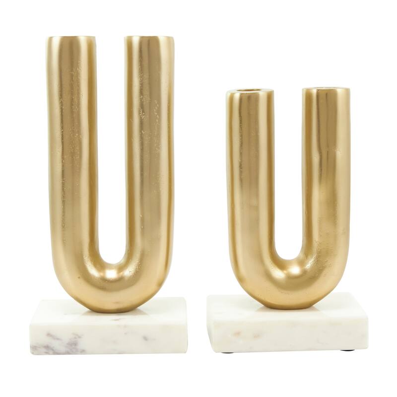 Gold or Black Aluminum U-Shaped Geometric Candle Holder with Marble Bases (Set of 2)