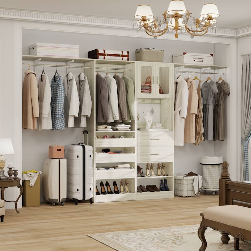 80"-120" Closet System With Door and Wooden Drawers, Closet Organizer System with 3 Haning Rods and Storage Shelves - White Oak