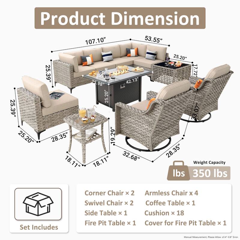OVIOS 11 Pieces Outdoor Wicker Swivel Chair Set With Solar-Powered Coffee Table&Fire Pit